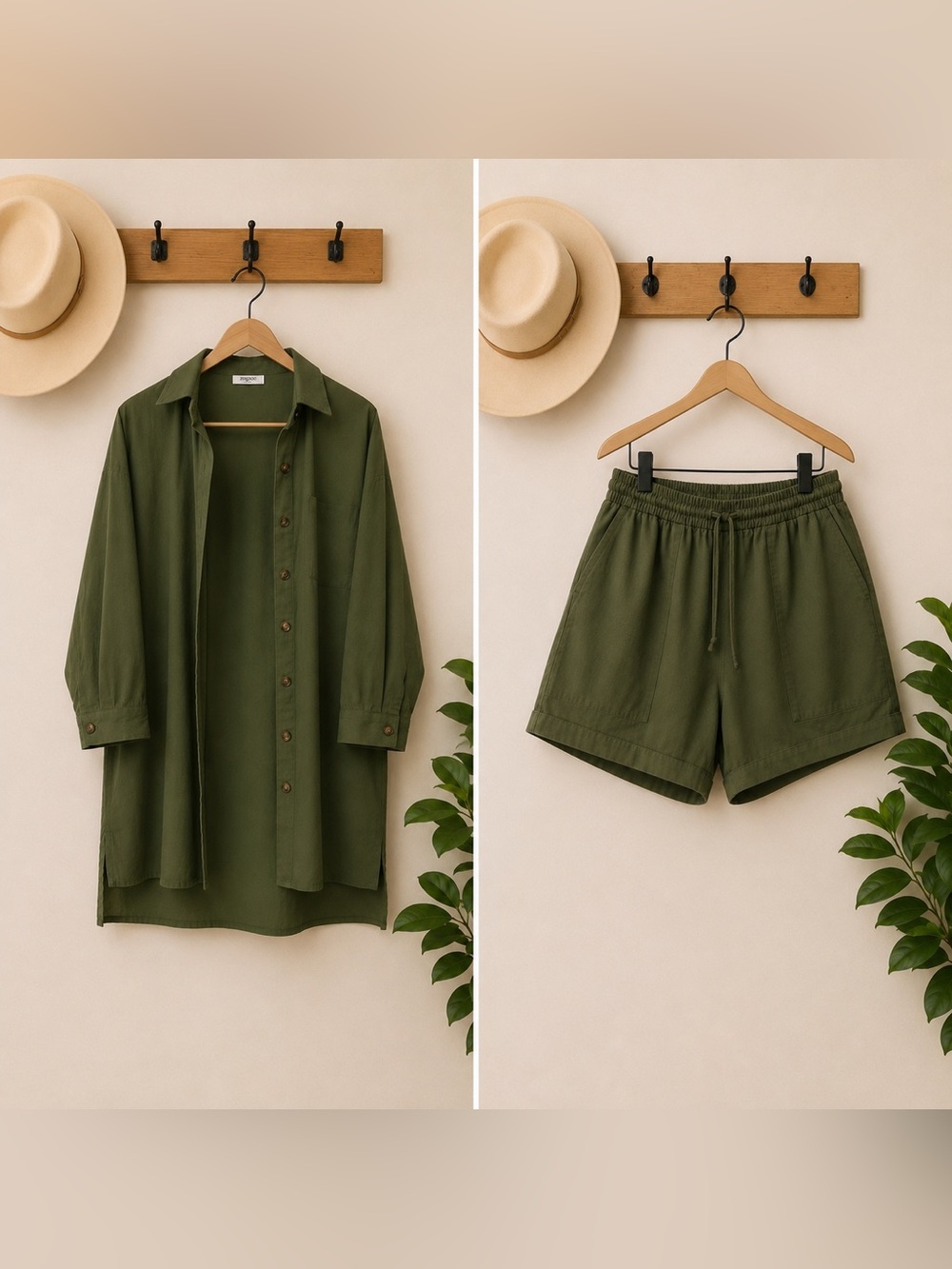 zeagoo Olive Green Button-Up Shirt Jacket and Shorts Set